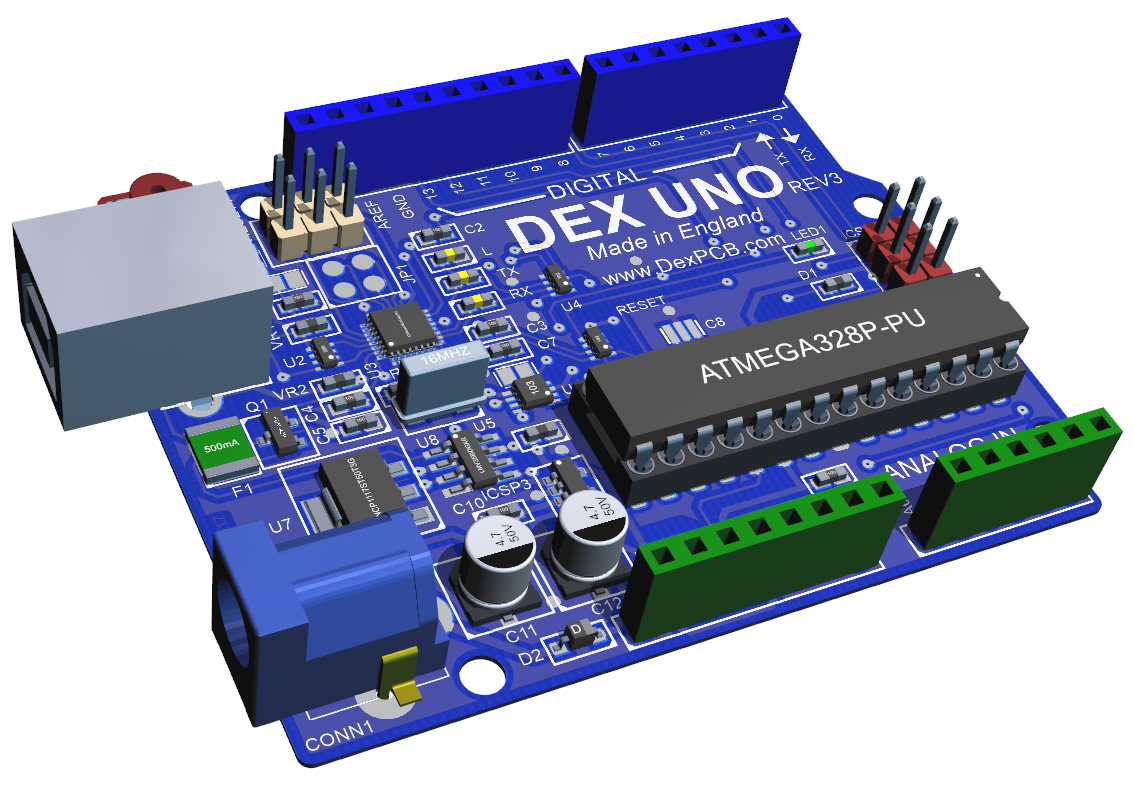 The DEX DEX UNO PCB in 3D