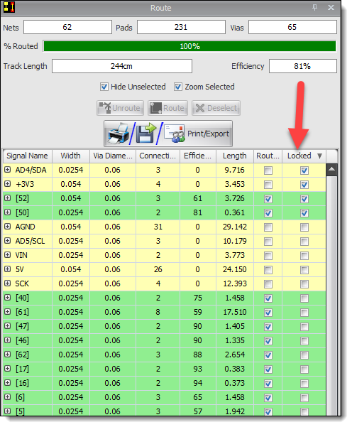 Locked PCB Nets in the Route Panel