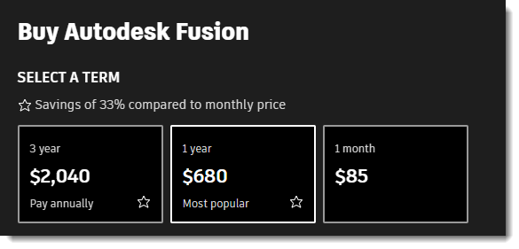 Rental Prices for Autodesk Fusion.  You NEVER own it.